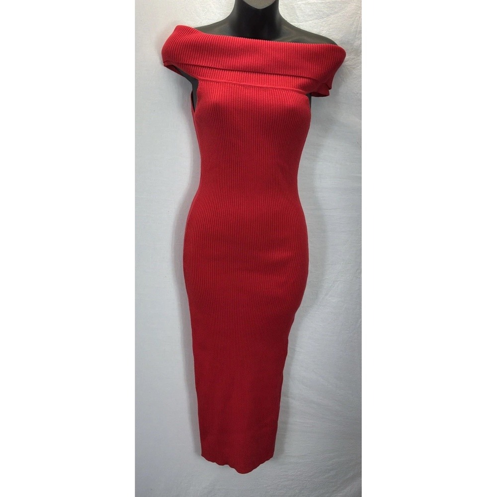 NEW Revolve Majorelle ribbed knit midi Dress Bodycon off the shoulder sz SM red